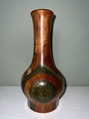 Vintage Turned Wood Vase Inlay Dark Light Montego Bay Jamaica Tiki Brown 8.5”